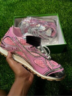 Bottega Veneta Pink Metallic-Trim Athletic Sneakers
